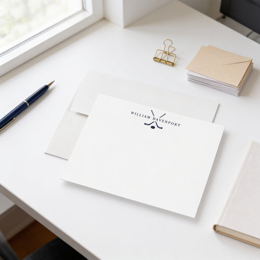 Personalized ice hockey note card featuring a custom name, crossed hockey sticks and puck
