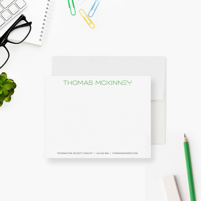 Personalized note card with a name in green and professional contact details, shown with a white envelope.