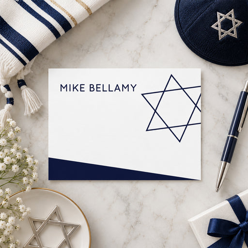 Personalized Jewish note card with navy Star of David design and custom name-front