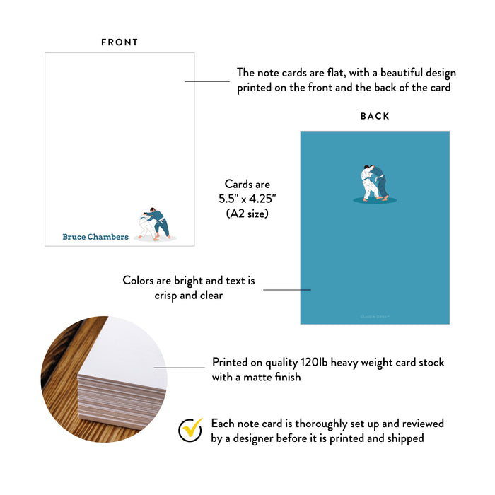 Front and back of personalized judo note cards showing A2 dimensions and matte cardstock details.