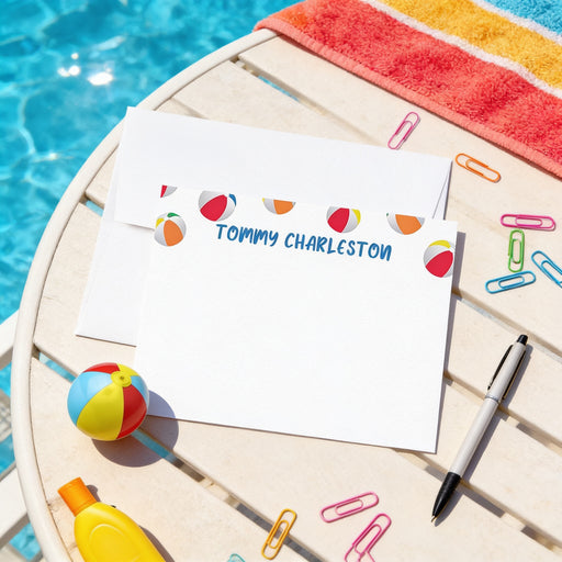 Personalized kids note card featuring a custom name and colorful beach ball border