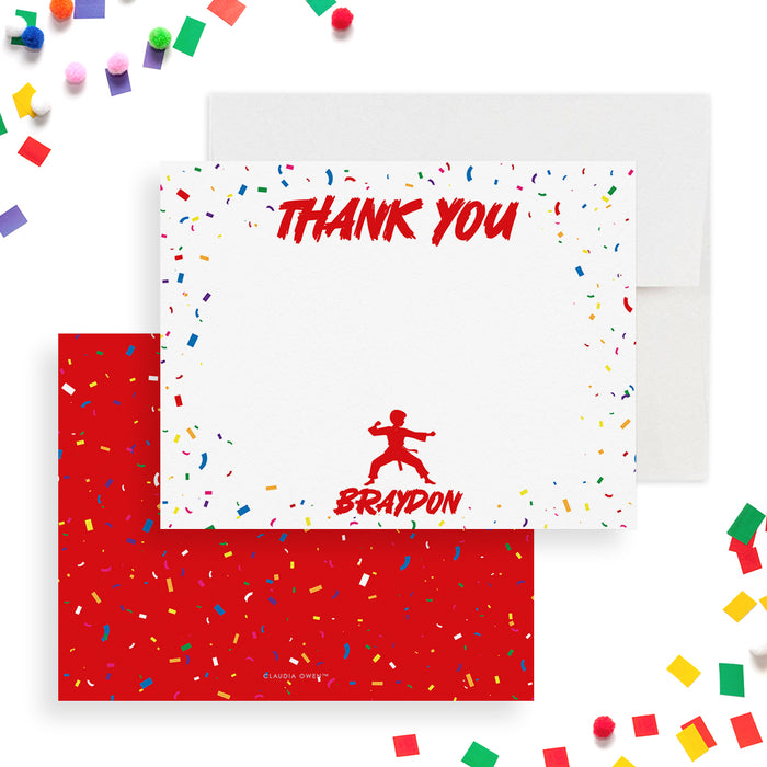 Personalized kids karate thank you card with red text confetti design and martial arts silhouette printed on premium cardstock