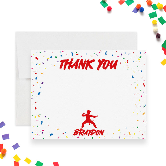 Personalized kids karate thank you card with red text confetti design and martial arts silhouette printed on premium cardstock.
