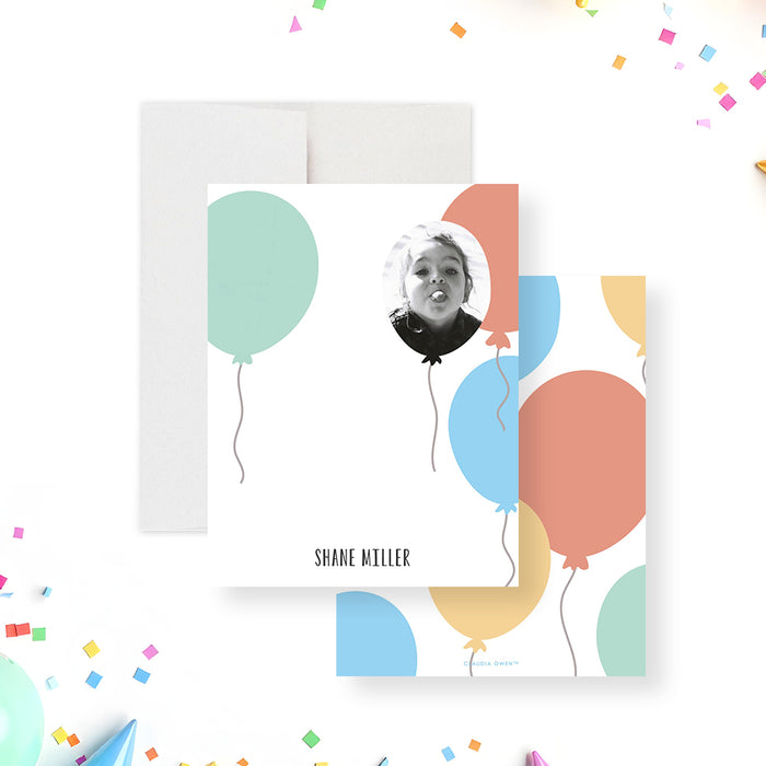 Personalized kids' note card featuring colorful balloons and a custom child photo for birthday thank you messages.-front-back