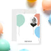 Personalized kids' note card featuring colorful balloons and a custom child photo for birthday thank you messages.-front