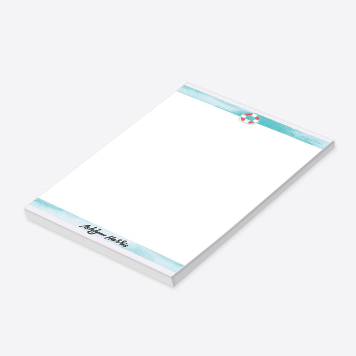 personalized kids notepad with watercolor aqua stripes, lifebuoy accent, custom name, and blank writing space-side