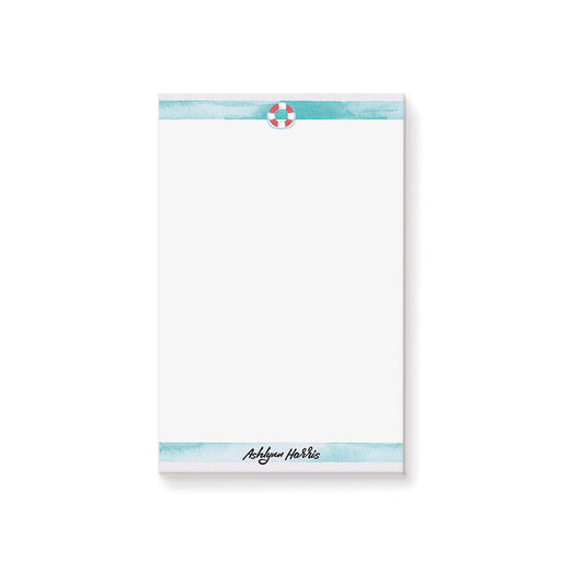 personalized kids notepad with watercolor aqua stripes, lifebuoy accent, custom name, and blank writing space