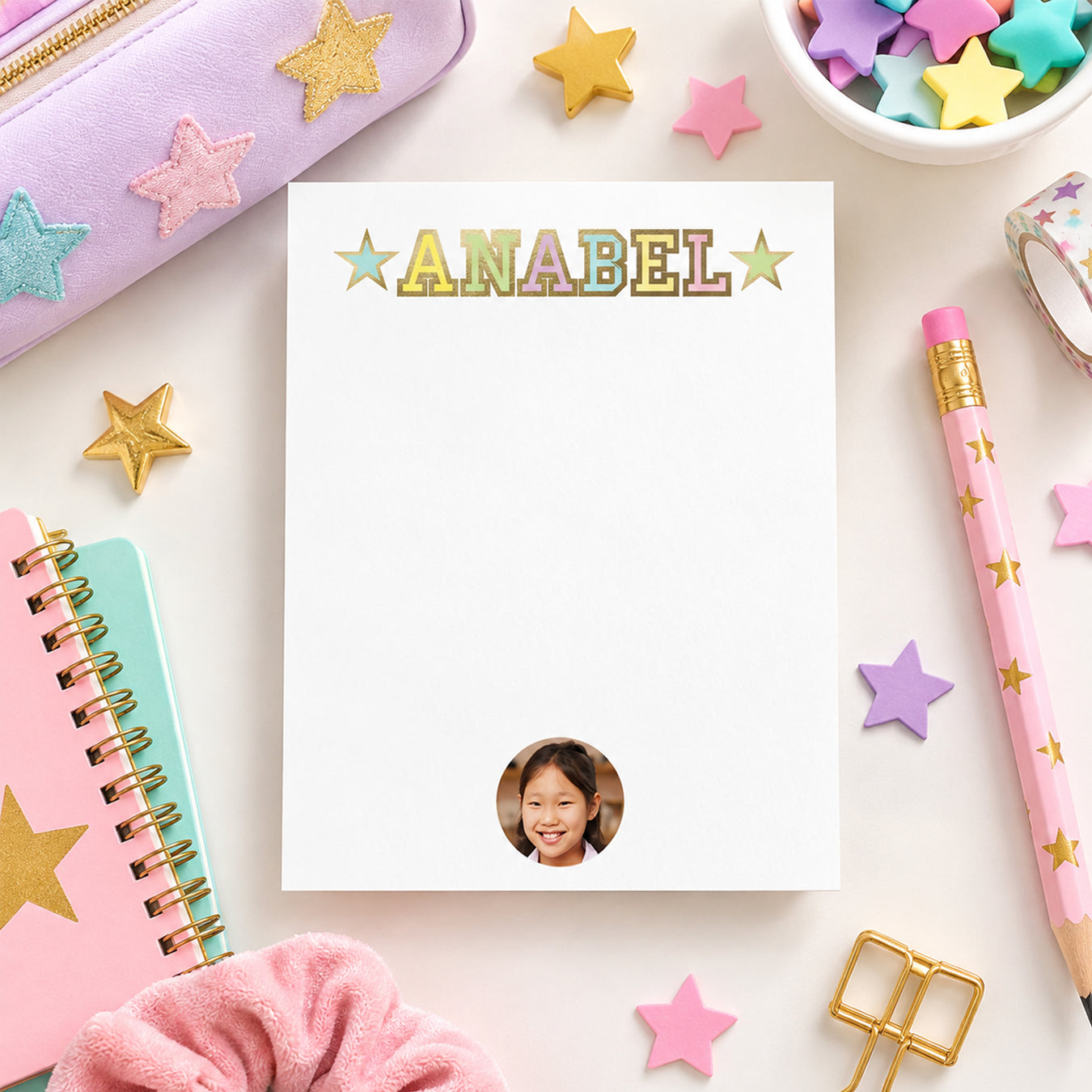 Personalized kids stationery set with pastel star design, custom name, and photo-front