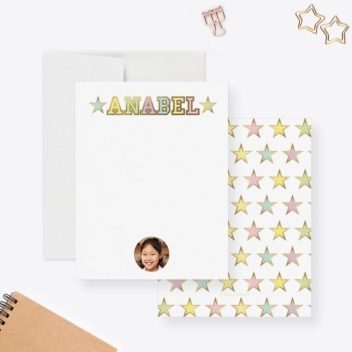 Personalized kids stationery set with pastel star design, custom name, and photo