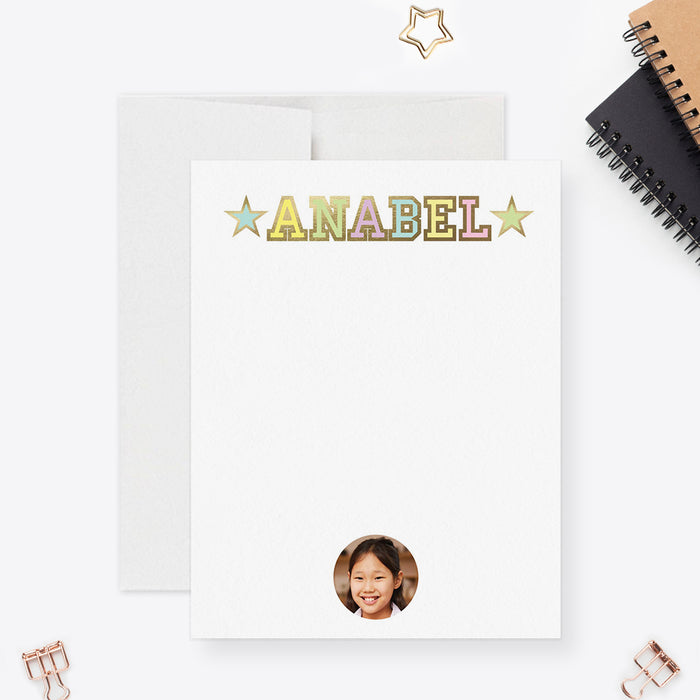 Personalized kids stationery set with pastel star design, custom name, and photo