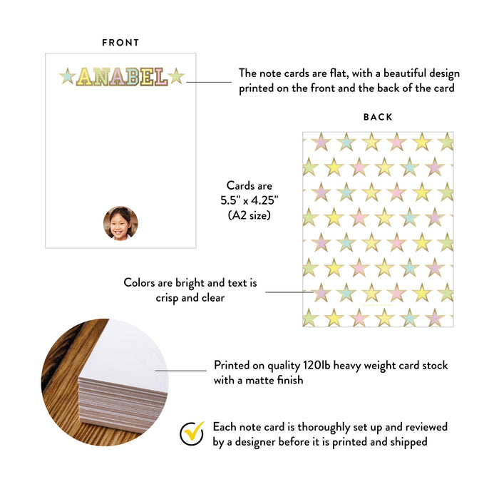 Personalized kids note cards with pastel star design, showing front and back views, card size, paper quality, and printing details
