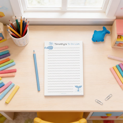 Personalized kids to-do list notepad featuring a custom name, cute blue whale illustrations and lined writing space