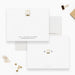 Personalized white lawyer note cards with a gold scales of justice illustration and custom name and contact wording.