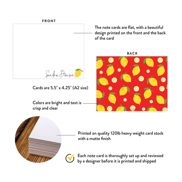 Front and back of personalized lemon note cards with red patterned back showing A2 dimensions and matte cardstock details.