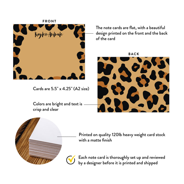 Front and back of personalized leopard print note cards showing A2 dimensions and matte cardstock details.