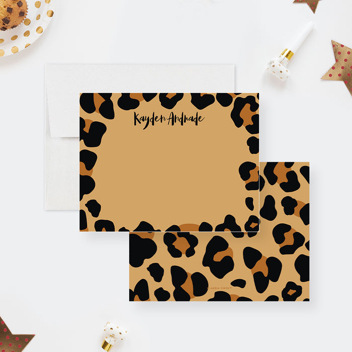 Tan personalized note card framed with black leopard spots, beside a matching leopard-print back.