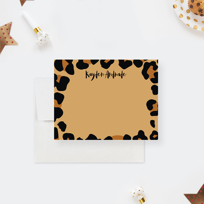 Tan personalized note card framed with black leopard spots, beside a matching leopard-print back.