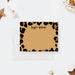 Tan personalized note card framed with black leopard spots, beside a matching leopard-print back.