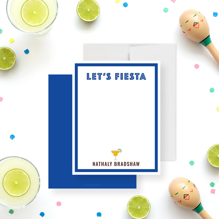 Front and back of personalized fiesta note card with Let’s Fiesta heading, custom name, blue double border, small margarita cocktail and solid blue back-front-back