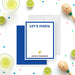 Front and back of personalized fiesta note card with Let’s Fiesta heading, custom name, blue double border, small margarita cocktail and solid blue back-front-back