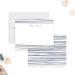 Personalized Lilac Striped Note Cards. Front and lilac and white striped back shown with a white envelope.