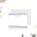 Personalized note card with a white front with lilac striped bands and a name in script. Shown with a white envelope.