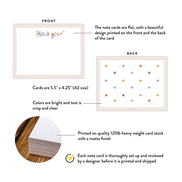 Front and back of personalized little hearts thank you note cards showing A2 dimensions and matte cardstock details.