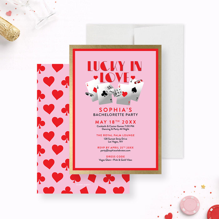 Personalized Lucky in Love casino bachelorette party invitation with pink background, playing cards, dice, custom event details and dress code-front-back