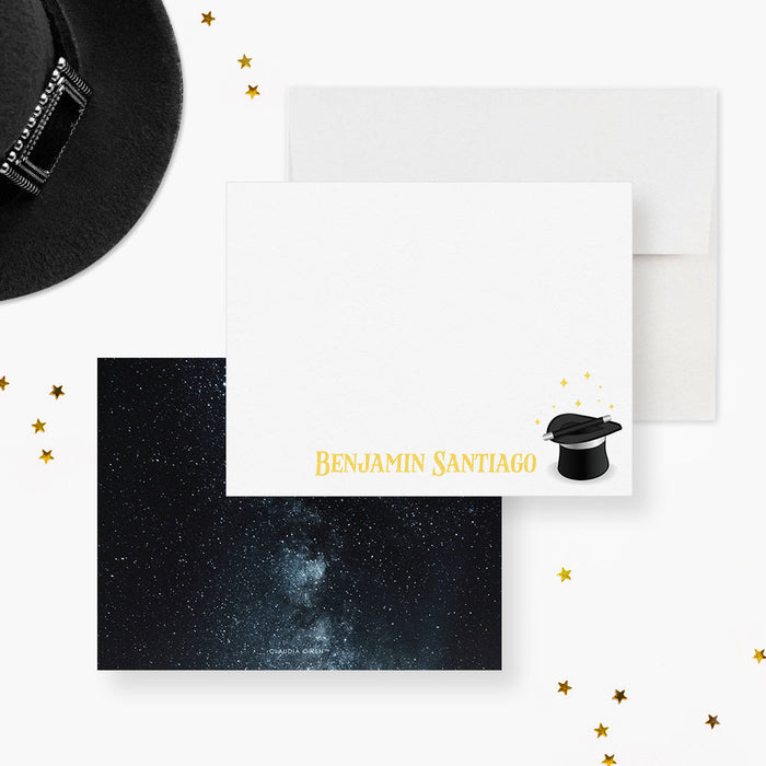 Front and back of personalized note cards with a magician's hat, wand and a personalized name and a blue starry night back.