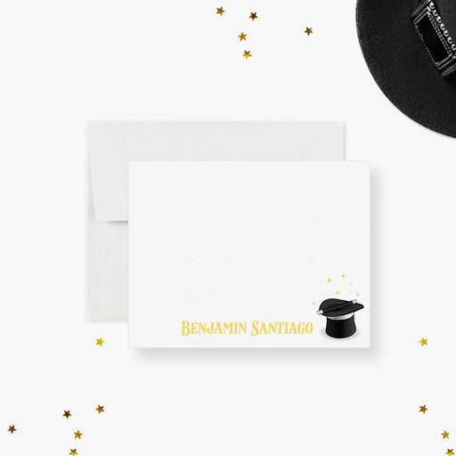 Personalized note card with a magician's hat, wand and a personalized name, shown with a white envelope.