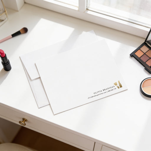 Personalized makeup artist note card featuring a gold lipstick and lips monogram logo, custom name and contact details