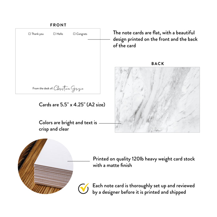 Front and back of personalized marble note cards with message checkboxes with A2 size and matte cardstock details.