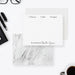 Personalized white note cards with thank you, hello and congrats checkboxes and a gray marble-patterned reverse.