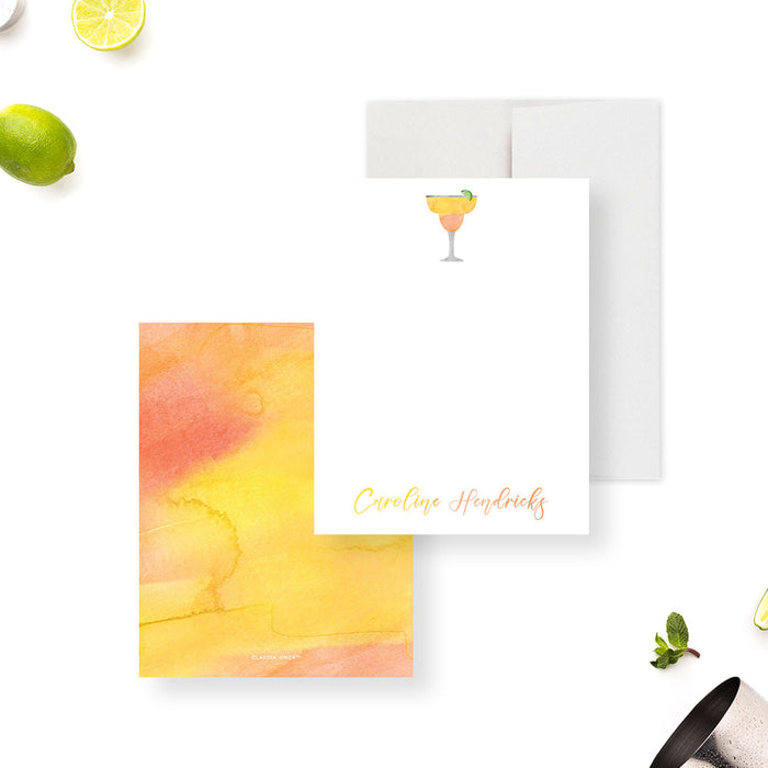 Personalized Margarita Note Cards with Lime. Front and orange and yellow watercolor back shown with a white envelope.