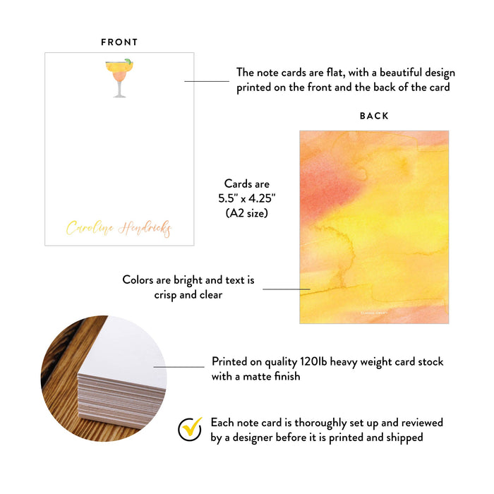 Product details graphic for personalized margarita note cards with lime, showing front and back designs, A2 size, and matte cardstock.