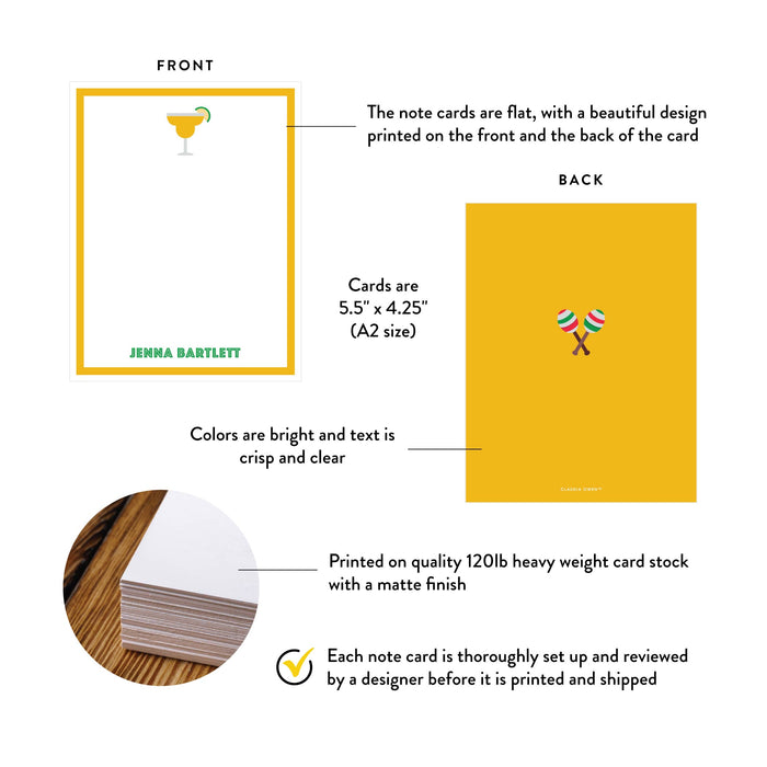 Product details graphic for personalized margarita note cards with maracas, showing front and back designs, A2 size, and matte cardstock.