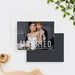 Personalized wedding announcement card with a newlywed couple’s photo, bold white “Married” lettering, names, wedding date, and location.