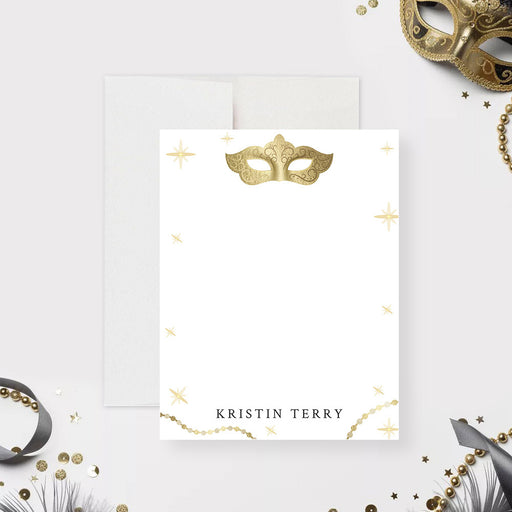 Personalized masquerade thank you card with a gold mask illustration, custom name, and space for handwritten notes-front