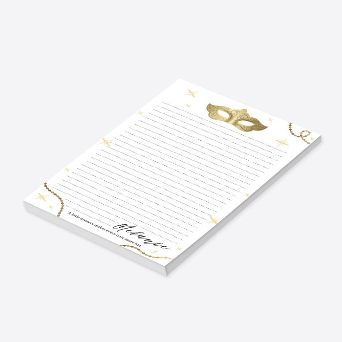 Personalized masquerade notepad featuring a gold mask illustration, elegant gold accents, lined writing pages, and a custom name-side