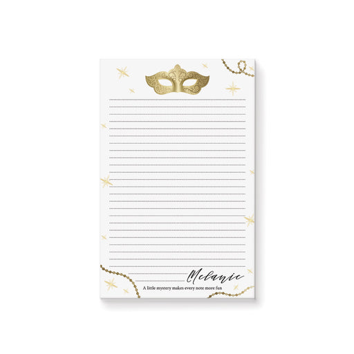 Personalized masquerade notepad featuring a gold mask illustration, elegant gold accents, lined writing pages, and a custom name