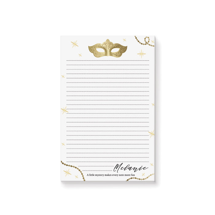 Personalized masquerade notepad featuring a gold mask illustration, elegant gold accents, lined writing pages, and a custom name
