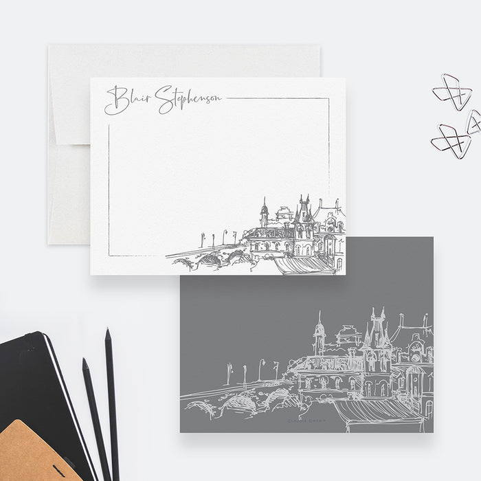 Personalized note card with a hand-drawn Mediterranean village and custom name-front-back