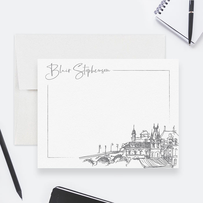 Personalized note card with a hand-drawn Mediterranean village and custom name-front