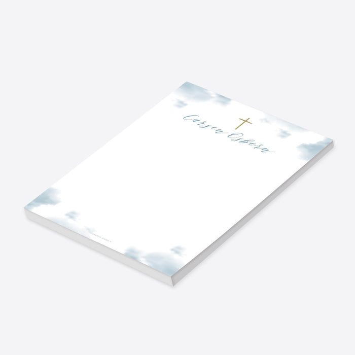 Personalized religious notepad featuring a gold cross and soft blue clouds design.-side