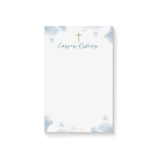 Personalized religious notepad featuring a gold cross and soft blue clouds design.