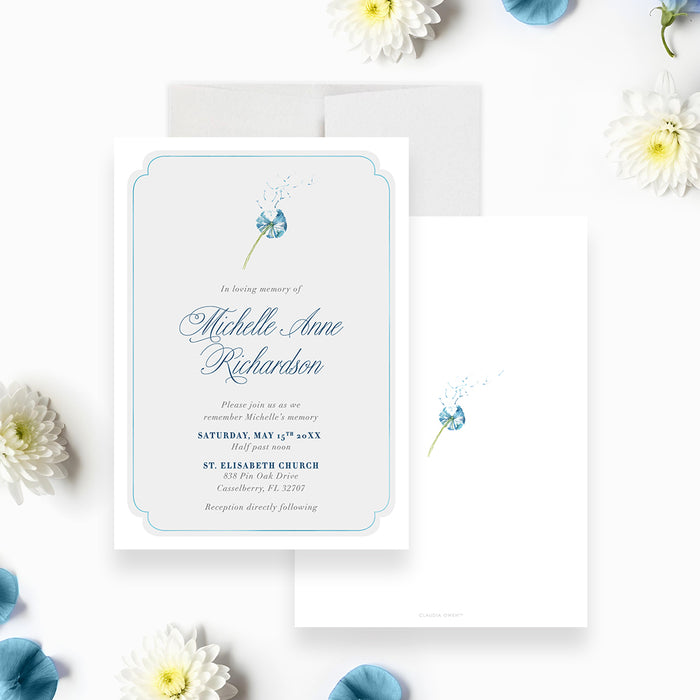 Personalized blue dandelion memorial invitation with a delicate flower, memorial wording, service details, church location, and reception information-front-back
