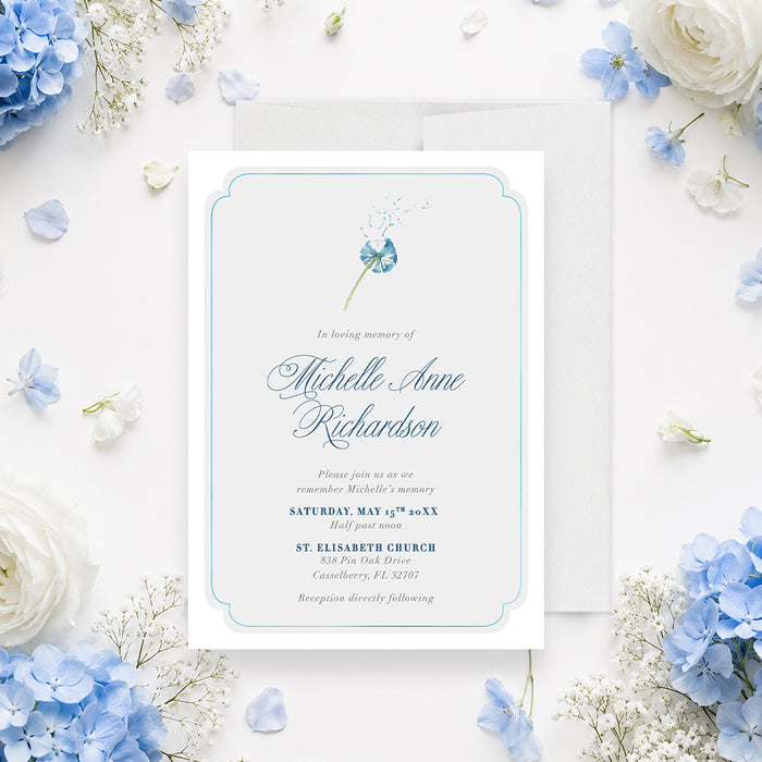 Personalized blue dandelion memorial invitation with a delicate flower, memorial wording, service details, church location, and reception information-front