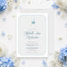 Personalized blue dandelion memorial invitation with a delicate flower, memorial wording, service details, church location, and reception information-front
