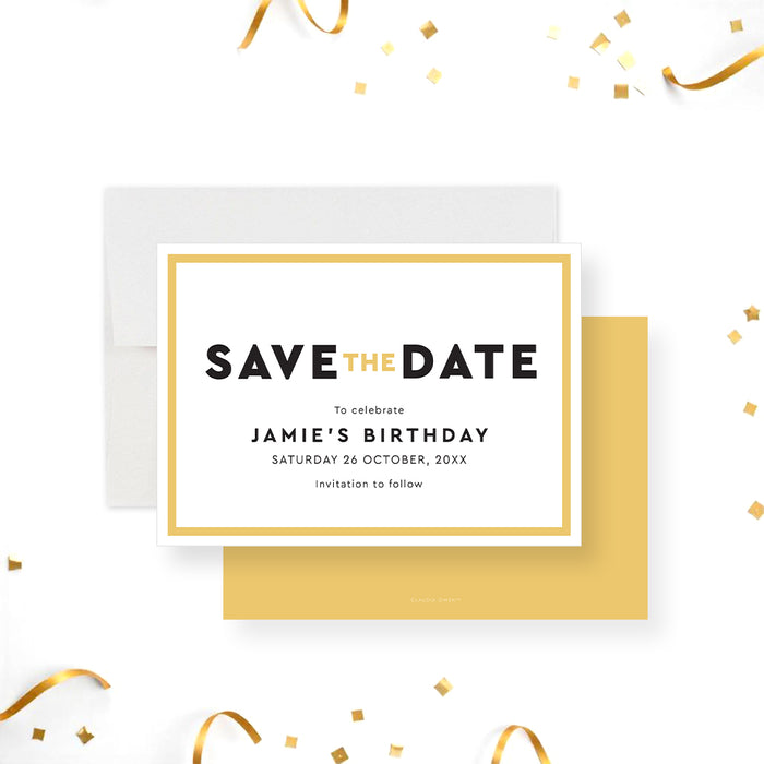 Personalized birthday save the date card for adult milestone celebrations—21st, 30th, 40th, 50th, or 60th birthdays-front-back