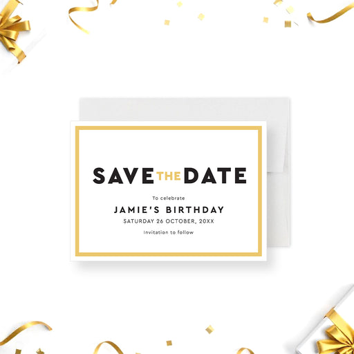 Personalized birthday save the date card for adult milestone celebrations—21st, 30th, 40th, 50th, or 60th birthdays-front